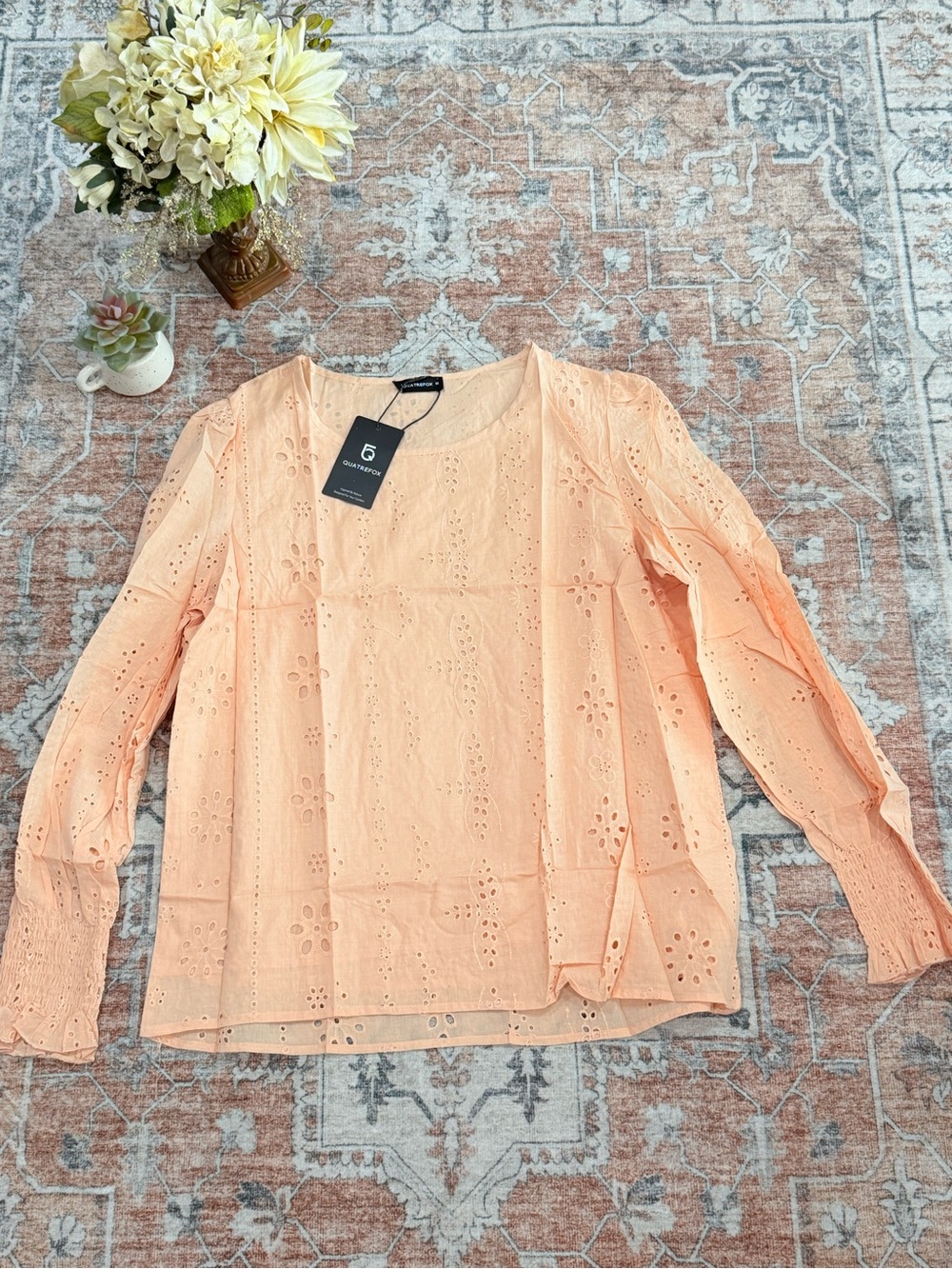 Gibson Women's Peach Eyelet Long-Sleeve Top